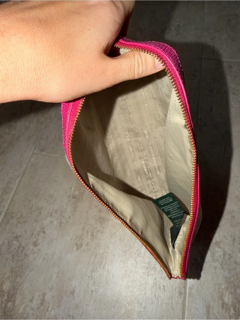 Ralph Lauren Beige Cosmetic Pouch with Hot Pink Trim